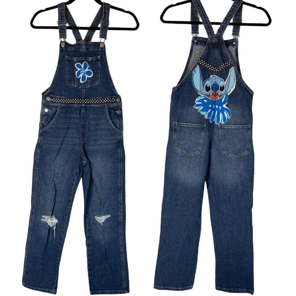 LILO and Stitch Hand Crafted Denim Overalls with Polka Dot Accents kids 12-14